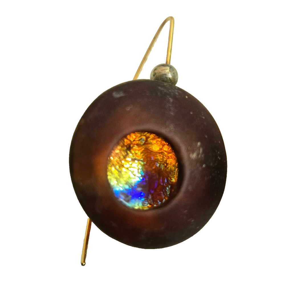 Handmade fused glass dangle earrings brown glass iridescent dichroic center - Picture 4 of 6